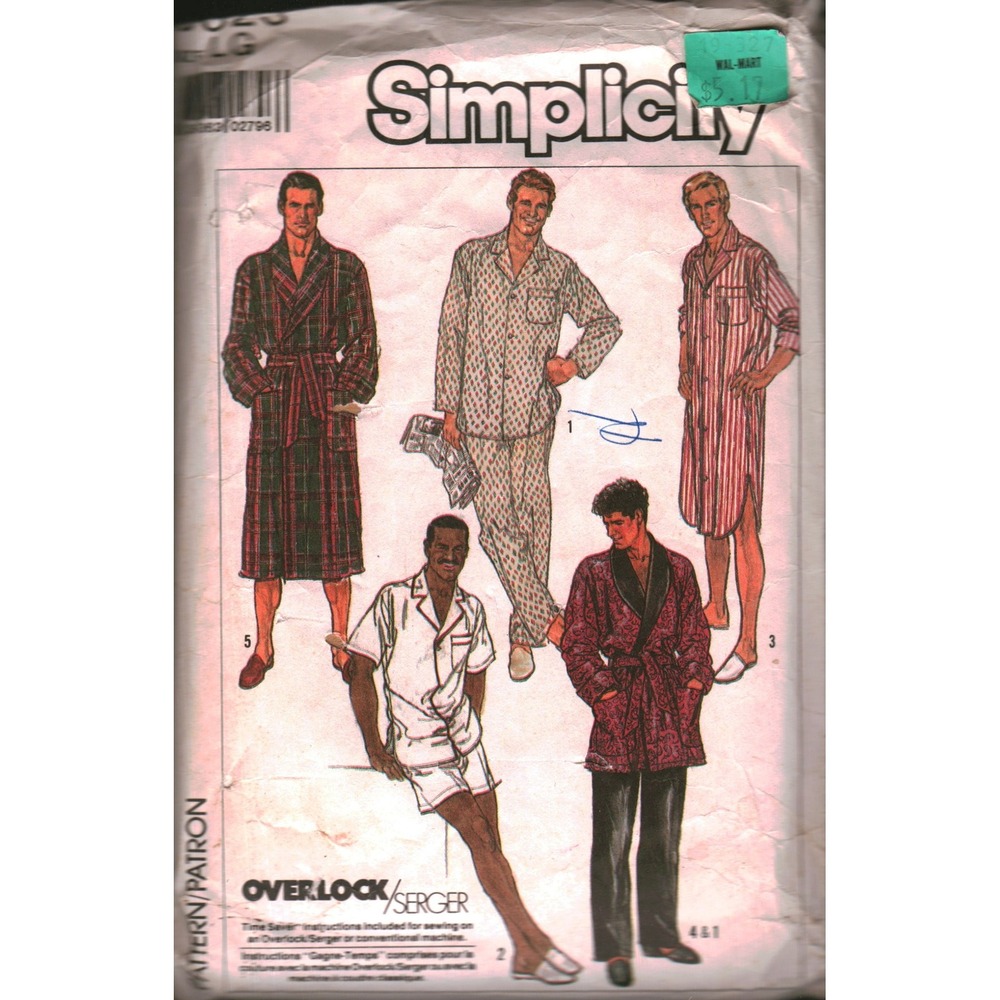 Simplicity 8323 Mens Pajamas Robe Nightshirt Sewing Pattern Size Large L cut